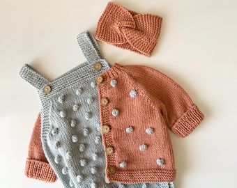 Unisex Baby Knit Clothing Set, 4 Pcs Premium Baby Gift set, PomPom Baby Cardigan, Bubble Baby Romper, Footie&Bandana, Cozy Baby Cardigan