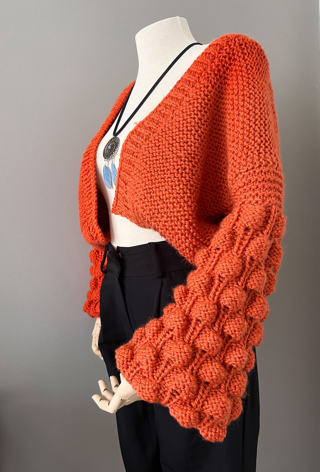 Balloon Sleeve Cardigan, Orange Cardigan, Cable Knit Woman Cardigan