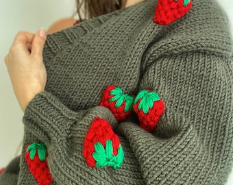 Funny Fall Women's Cardigan, Hand Knit Chunky 3D Strawberry Cardigan, Gift For Her, Oversized Balloon Sleeve Knit Cardigan