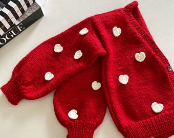 Love Cardigan, Red Chunky Sweater, Woman Red Cardigan, Trendy Knit Cardigan, Heart Cardigan for Baby Girl, Unique gift for adults