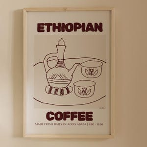Burgunderroter äthiopischer Kaffee Jebena Addis Abeba Druck | Ostafrikanische Afrocentric Vintage Drink Decor Wandkunst | Trendiges Kaffee Poster
