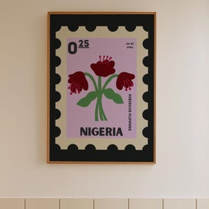 Nigeria Stempel Illustration Illustration | Westafrikanische Reise-Wand-Kunst | Vintage Briefmarken Poster | Hibiskus Blumen druckbare digitaler Download