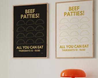 Jamaican Beef Patties All You Can Eat Sketch Print | Set of 2 | Retro Caribbean Poster | Cafe Food Posters  | Kitchen Afrocentric Art
