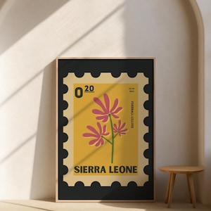 Sierra Leone Stempel Print Illustration | Westafrikanische Reise-Wand-Kunst | Vintage Briefmarken Poster | Feuerball Lillies druckbare digitaler Download