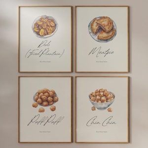 Westafrikanisches Gebäck Art Print - Nigerianische Fleischpastete Chin Chin Puff Puff Kochbanane Wandillustration - 4er-Set - Minimalistische Küchendekorkunst