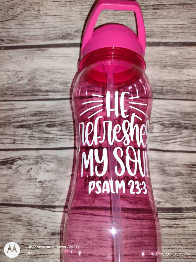 Water bottle with bible verse. He Refreshes My Soul Psalm 233 Etsy