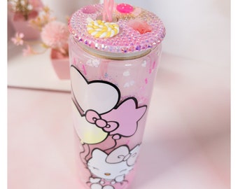 Kawaii Cute Cat Ear Tumbler Cup Water Bottle W Straw & Lid Pink Glitter  !nside