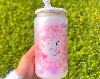 Marie kitty cup | cute glass cup | Marie aristocats cup | frosted glass cup | bling lid