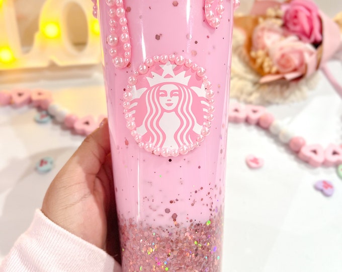 Featured listing image: Pearl drip snowglobe cup | soft girl cup | glitter snowglobe cup | coquette inspired cup