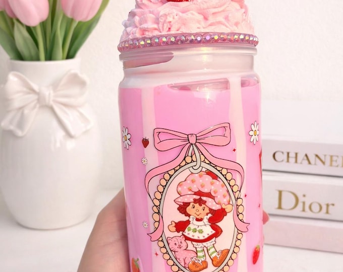 Featured listing image: Strawberry milk Pink Tumbler with Whipped Cream Lid – Coquette Aesthetic Cup, Cute Girly Gift, Handmade Rhinestone Drinkware