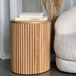 Fluted Natural Wood Side Table - Round End Table/Nightstand, Accent Table, Boho, Contemporary Furniture Every Room, Small Bedside Table