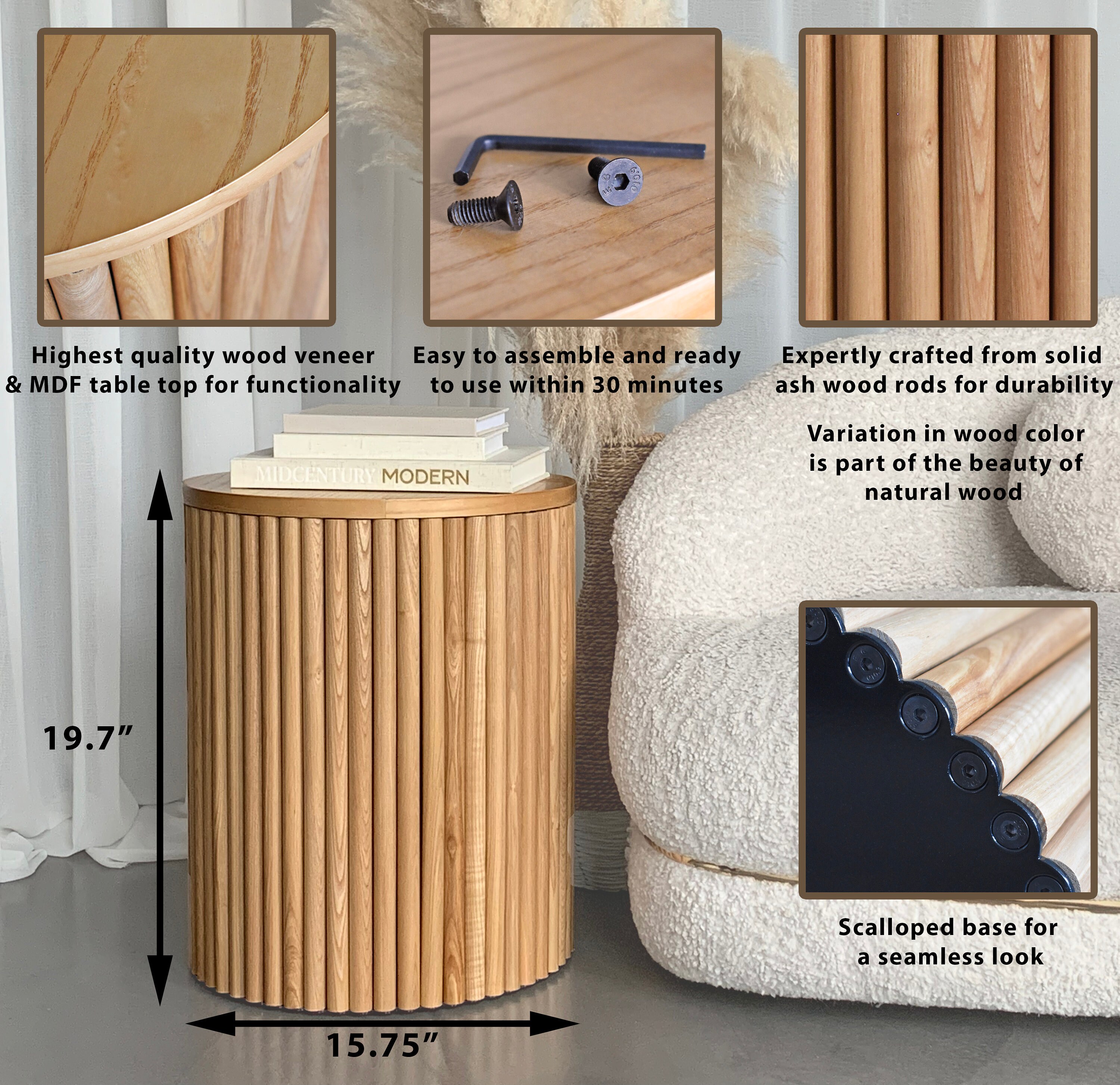 Fluted Natural Wood Side Table Round End Table/nightstand Etsy