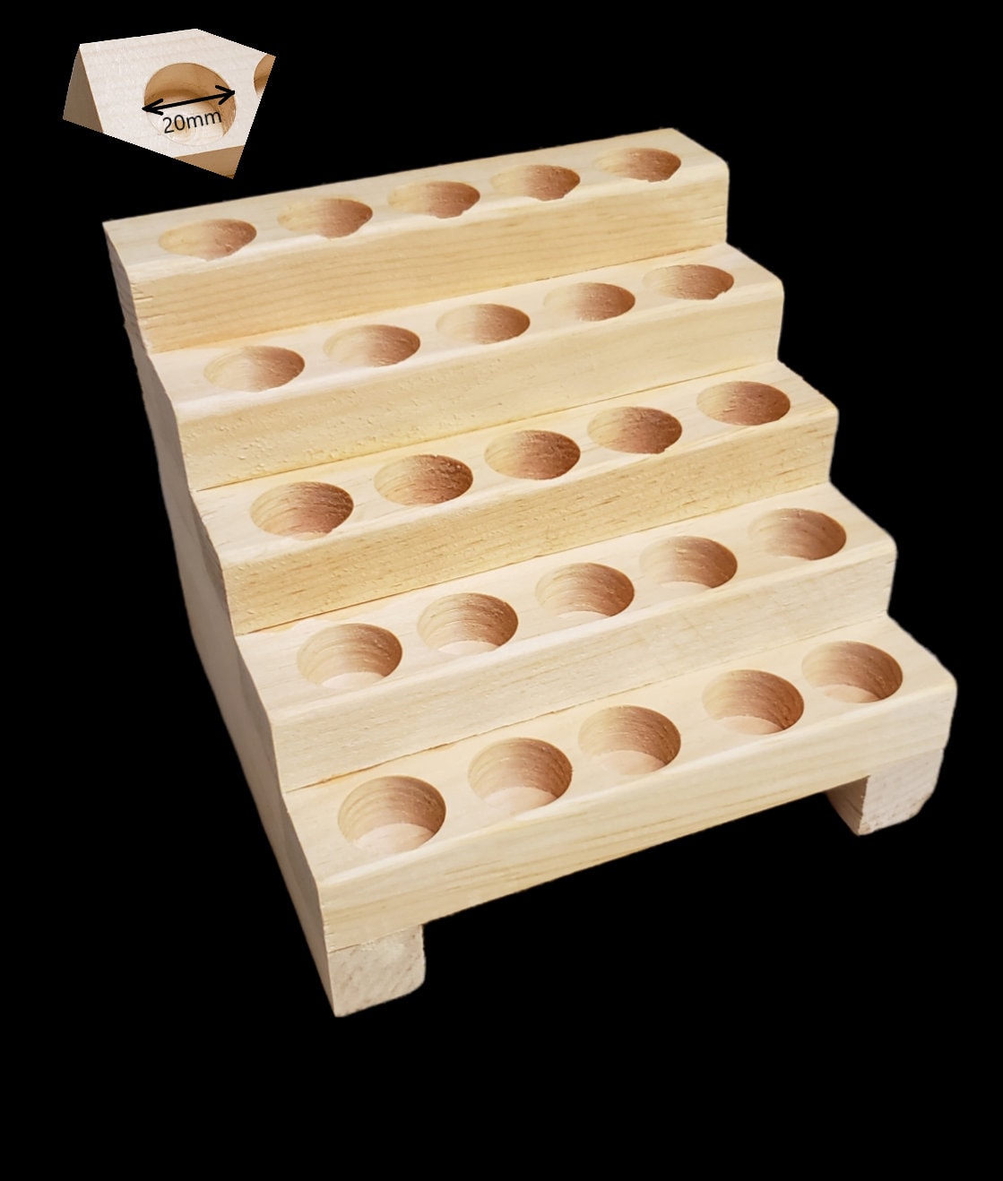 Wooden Display Rack for your Essential Oil. 5 Rows. Holds 25 Roll-on bottles, Varnished. Select the hole width from the drop-down.