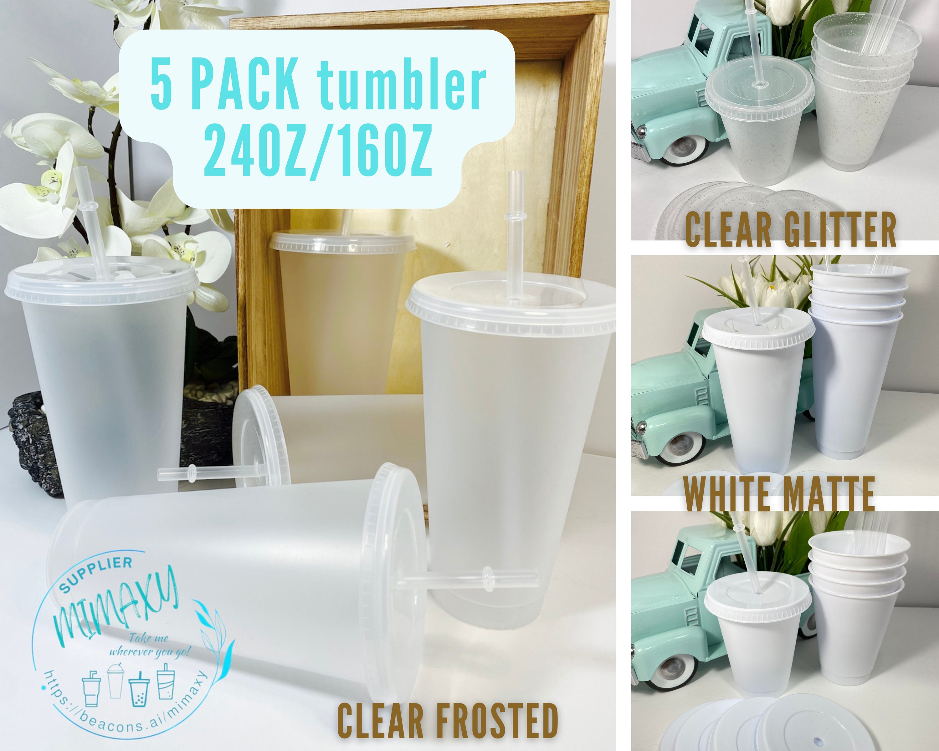 Clear Glitter Reusable Plastic Cold Cups, 24 Oz & 16 Oz, Set of 5 Cups 