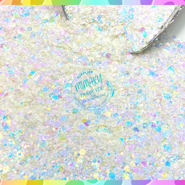 BLUE OPAL Shaped Glitter, Chunky Glitter Mix, Cosmetic Glitter,Nail Art, Resin art,Snow Globe Tumbler,Craft, WHITE 003