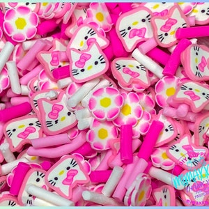 5mm Mix Pink Kitty with Pink Bow, Sprinkle Slime, Polymer Clay Slice Slices Fake Bake Nail Art Faux Craft, CARTOON MIX 021