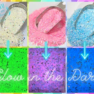 GLOW in the DARK, Shaped Glitter, CHUNKY Glitter Mix, Cosmetic Glitter,Nail Art, Resin art,Snow Globe Tumbler ,Craft, Glow 001-007