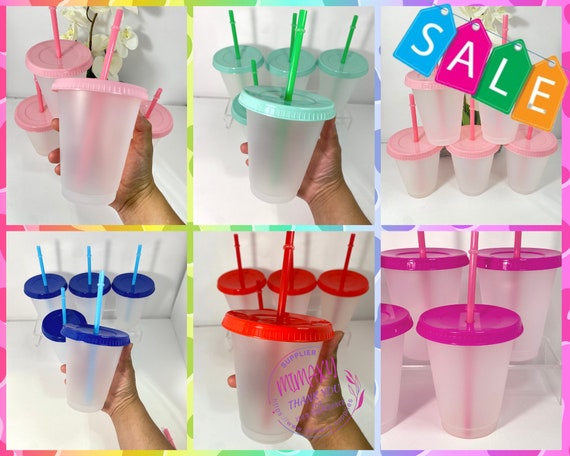 16 Oz, FROSTED Plastic Cups, Tumbler, Reusable, Lid Color, Blue, Green,  Pink, Red, Fiusha, 5cups per Pack / DIY/ Perfect for Crafting/ Blank 