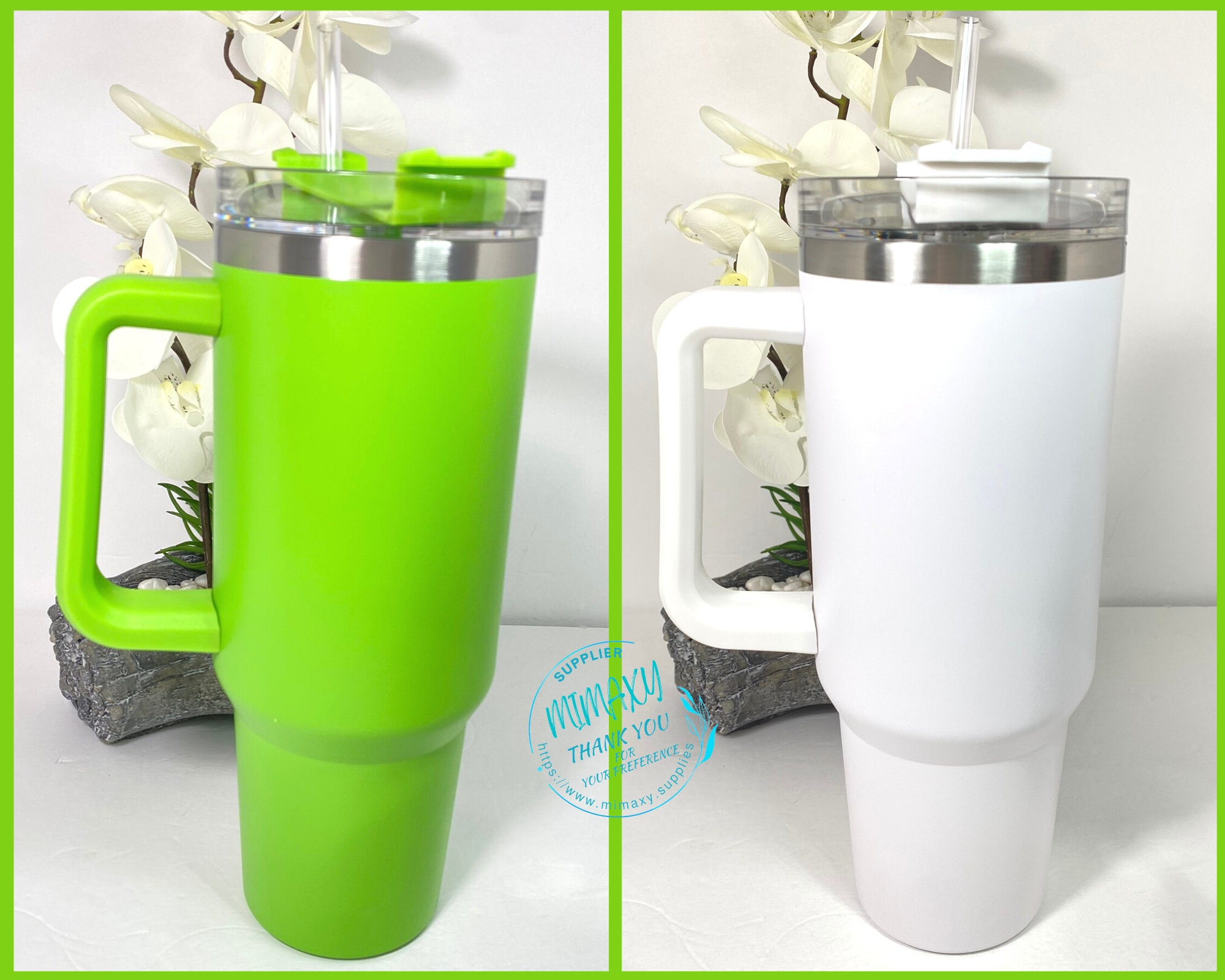 READY TO SHIP, Blank 40oz Insulated Stainless Steel Tumbler, Double Wall,  With Handle, Sliding Lid and Straw, Insulated Tumbler, Dupe 