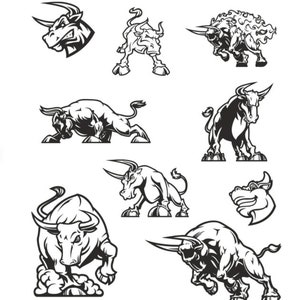 May include: A set of eight black and white bull illustrations. The bulls are in various poses, including charging, standing, and looking to the side. The illustrations are in a vintage style.