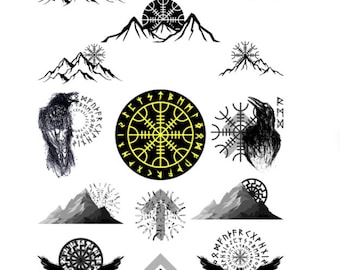 May include: A set of 12 black and white digital illustrations featuring a variety of Viking symbols, including mountains, ravens, and the Vegvisir symbol. The illustrations are perfect for use in digital projects, such as websites, social media, and print-on-demand products.