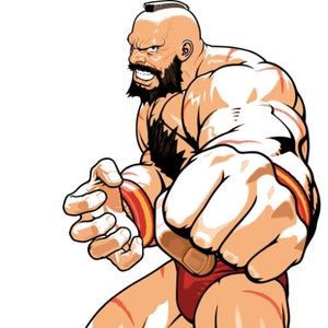May include: A cartoon illustration of a muscular man with a beard and a shaved head, wearing red wrestling shorts, throwing a punch with his right fist.