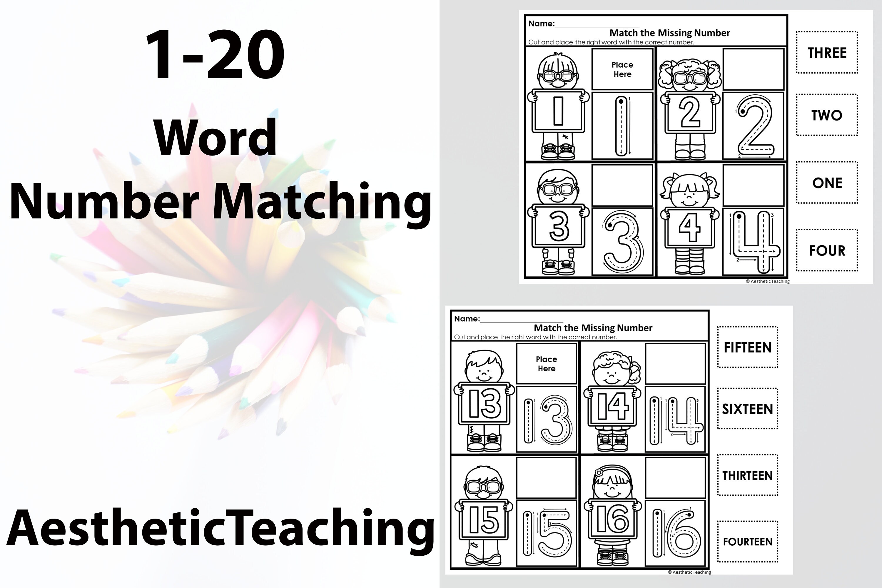 1 20 word number matching number matching worksheet counting etsy