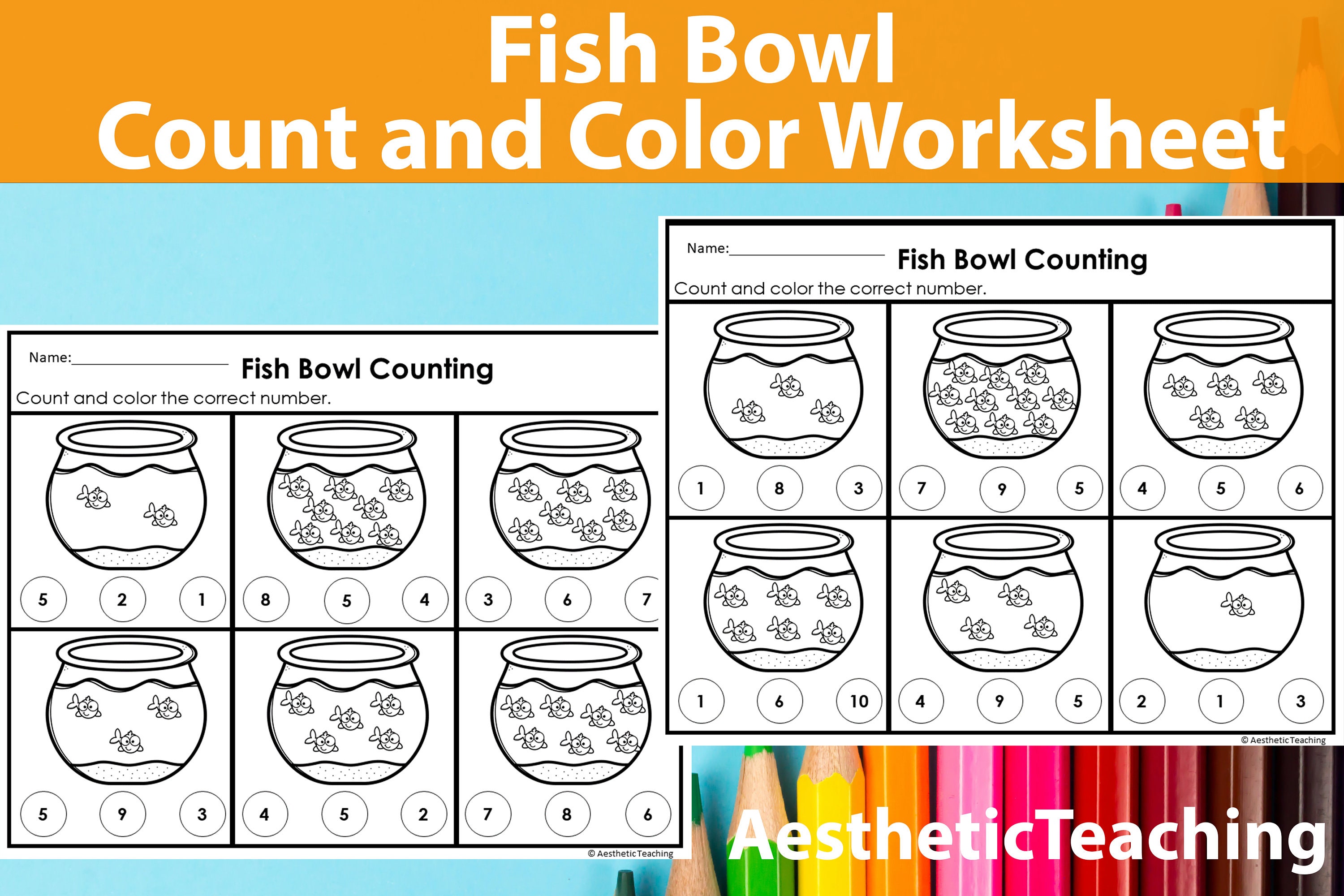 110 Fish Bowl Counting Worksheet, Count and Color, Counting Practice