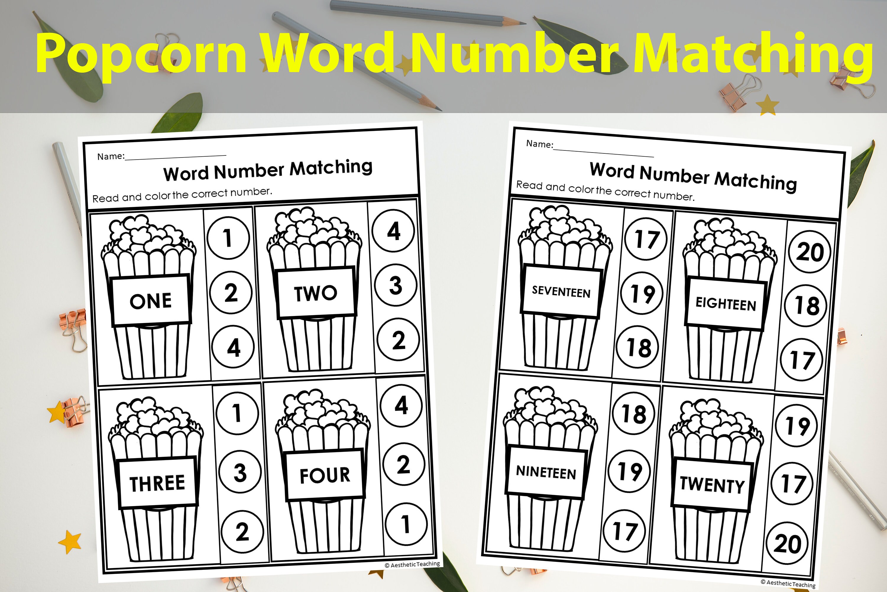 Popcorn 120 Word Number Matching Number Matching Worksheet Etsy