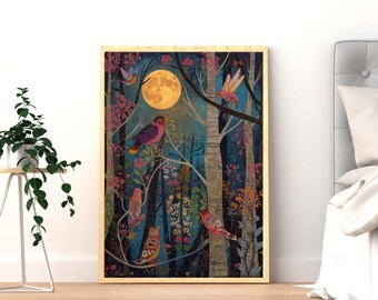 Whimsical Forest Night Digital Print, Colorful Birds & Moon Wall Art, Enchanted Woodland Decor