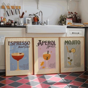 Juego de 3 impresiones de cócteles/Juego de pósteres de cócteles retro vintage/Aperol spritz/mojito/espresso martini/diseño de arte de pared para bar en casa/cocina/regalo