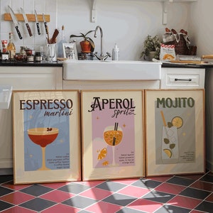 Set of 3 cocktail prints/Retro vintage cocktail poster set/ Aperol spritz/mojito/espresso martini/ home bar/kitchen wall art design/gift