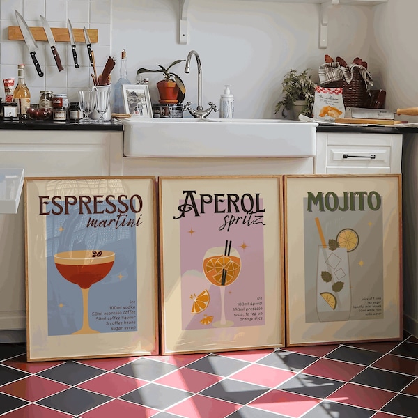 Set of 3 cocktail prints/Retro vintage cocktail poster set/ Aperol spritz/mojito/espresso martini/ home bar/kitchen wall art design/gift