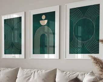 Dark emerald green set of 3 prints/ Green textured mid century wall art design/ Bedroom wall decor/ Livingroom poster set/ modern home decor