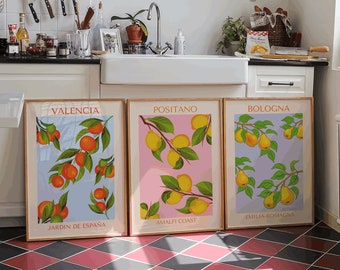 Set of 3 fruit prints/ Lemon, orange, pear branch poster set/ gallery wall/ colourful and bright pop art poster set of 3/ livingroom prints