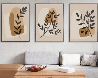 Boho home decor/ Set of 3 bohemian style prints/ abstract plant  botanical print set/ earth tones wall art decor/ brown and beige print