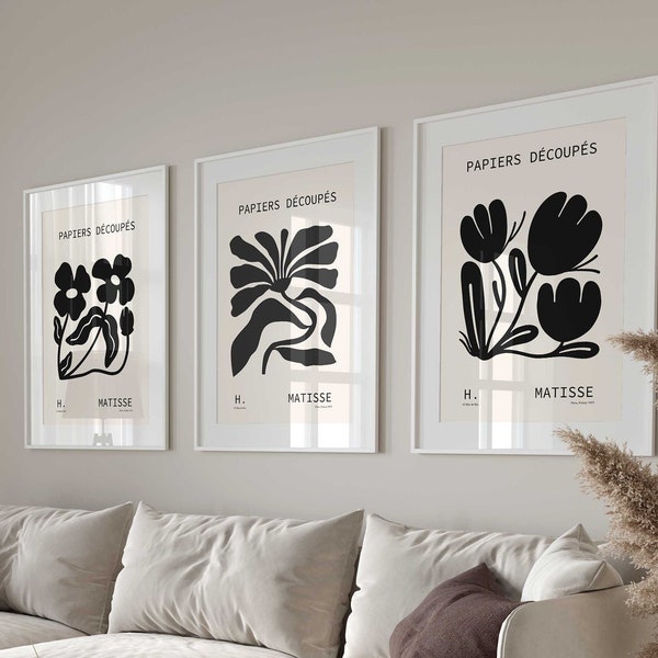 Henri Matisse Inspired Print set of 3/Matisse Poster/Exhibition Poster/Gallery Wall Print/Pastel Colours/The Cutouts/ Black and Beige flower