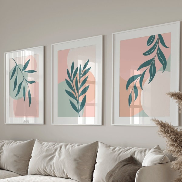 Colourful Botanical plants wall art print in pink and green and beige/ pastel colour home decor/ abstract dark green plant poster set of 3