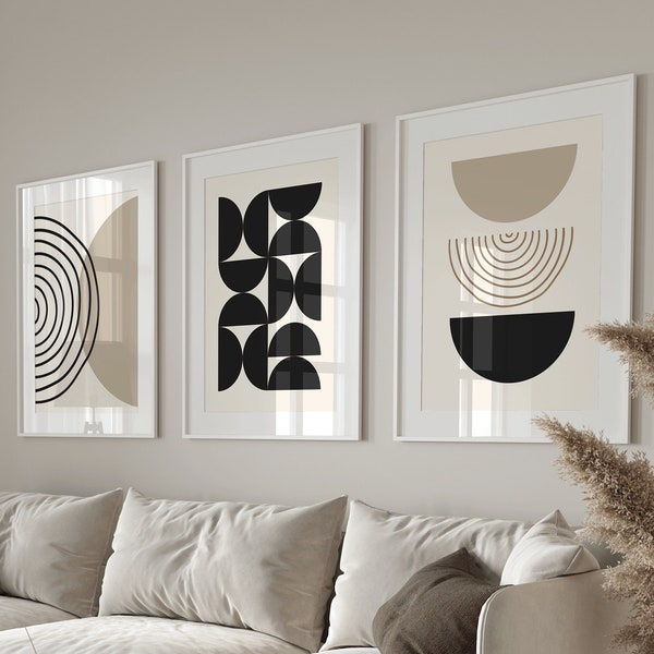 Scandinavian style set of 3 prints/ Natural tones modern geometric wall art design/ mid century poster set/ poster set of 3/geometric shape