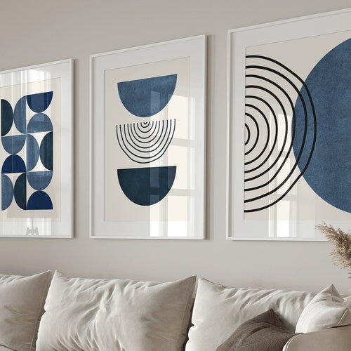 Set of 3 Blue Wall Art Prints Modern Mid Century Geometric - Etsy