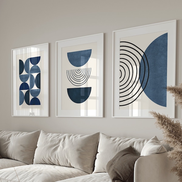 Scandinavian style set of 3 prints in colour blue/ modern geometric wall art design in dark navy blue/ mid century poster set/ high quality