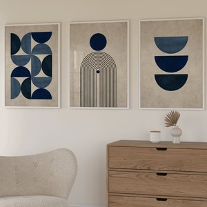 Scandinavian style set of 3 prints in colour blue/ textured modern geometric wall art design in dark navy blue/ mid century poster set