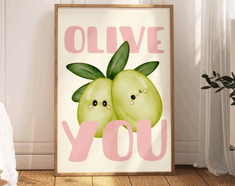 Pastel pink and green colour quote print &#39; olive you&#39; design with two olives illustration/ gift present idea