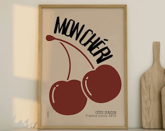Retro style red black and beige quote &#39;Mon Cheri &#39;/ Cherry fruit wall art print/ typography  poster/ high quality wall art uk/ kitchen quote