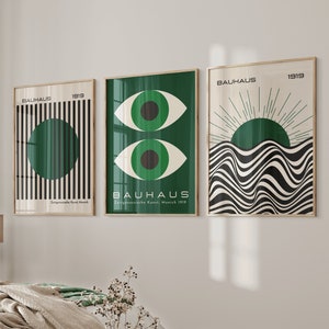 Bauhaus 1919 wall art set of 3 prints in dark emerald green colour/ Modern home decor/ bright colour poster set/ Retro Poster  contemporary