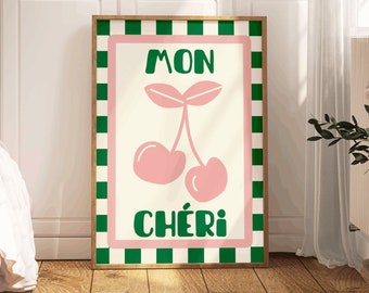 Pastell rosa und grün Farbe Zitat Druck 'mon cheri' Design mit Kirschen Illustration und Karomuster / Mädchenzimmer Dekor / Geschenk