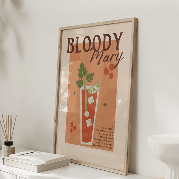 Retro Bloody Mary cocktail print with recipe/ Vintage wall art design in orange/ custom colour design/ home bar kitchen decor/ gift