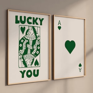 Lot de 2 affiches rétro tendance/ Poster Ace of Hearts vert émeraude et beige/ Poster Lucky You/ Impression cartes/ Impression reine de coeur