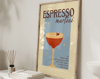 Retro Espresso martini cocktail print with recipe/ Vintage wall art design in pink green or blue/ custom colour design/ home bar kitchen