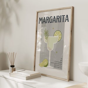 Retro Margarita cocktail print with recipe/ Vintage wall art design in grey colour / custom colour design/ home bar kitchen decor/ gift